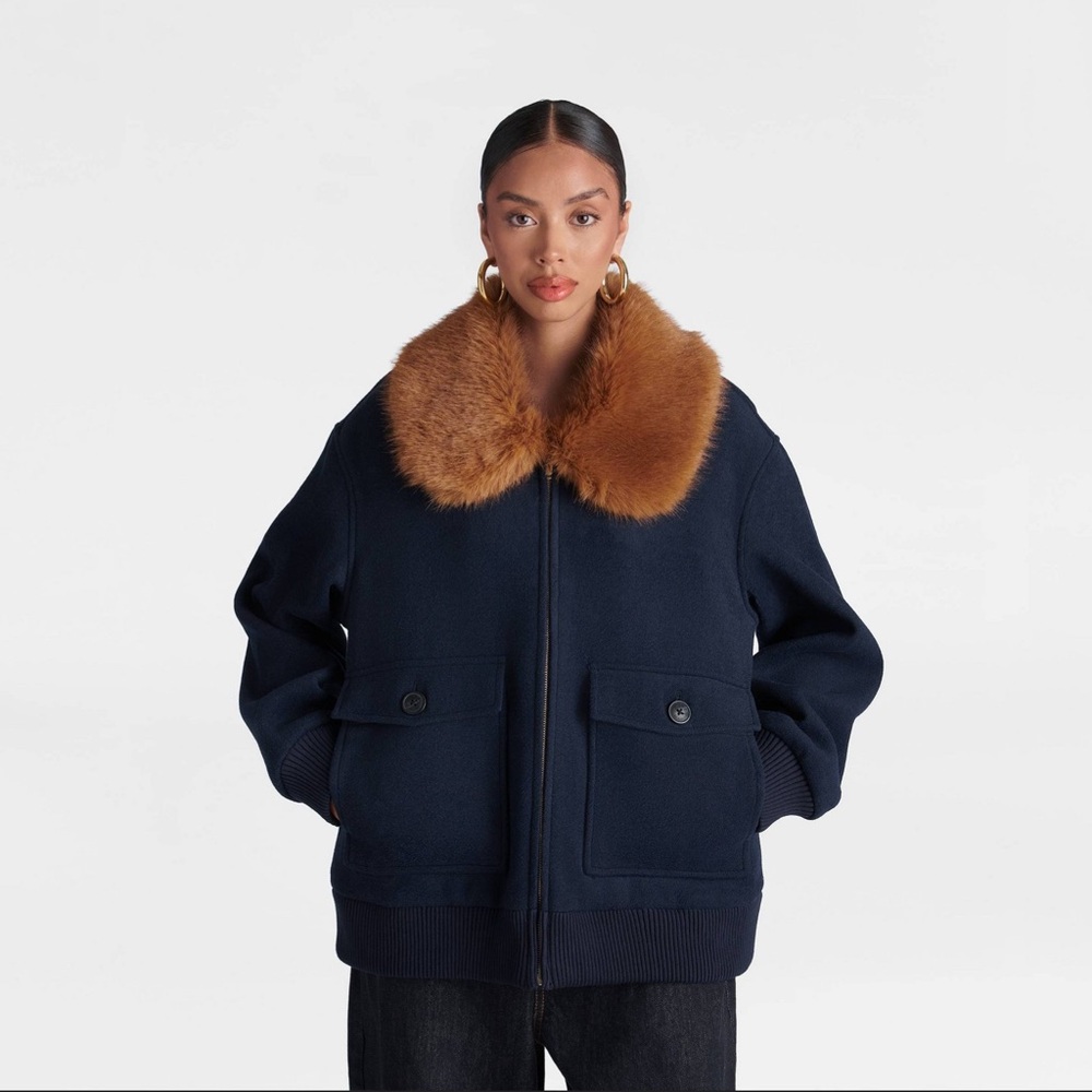 KBB by KAHLANA Women's 'The Faux Fur Collar Bomber'-Navy Blue/Teddy Brown -M